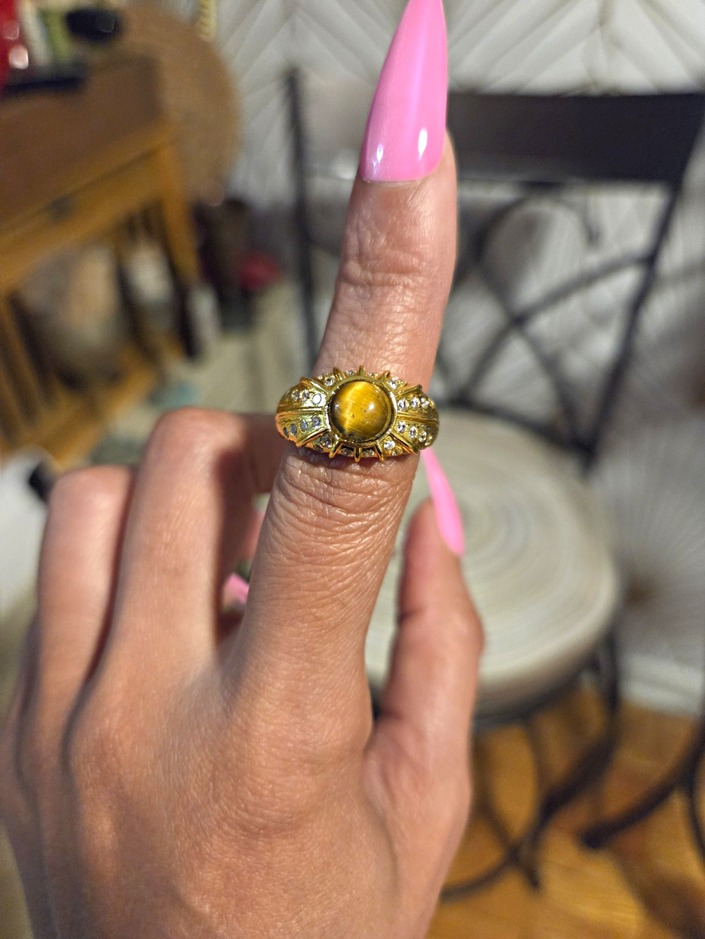 Gold Tone Oval Yellow Stone Bezel Ring w/ Rhinestone Adjustable